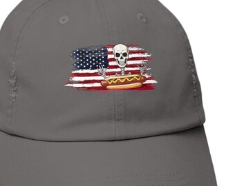 4th July  cap, Unisex Distressed Cap, funny skeleton cap with hot dog to celebrate the 4th of July. Patriotic day