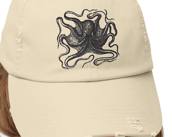 vintage octopus cap ,Unisex Distressed Cap, mysterious octopus in cap ,octopus. lovers cap ,beautiful cap for gift.