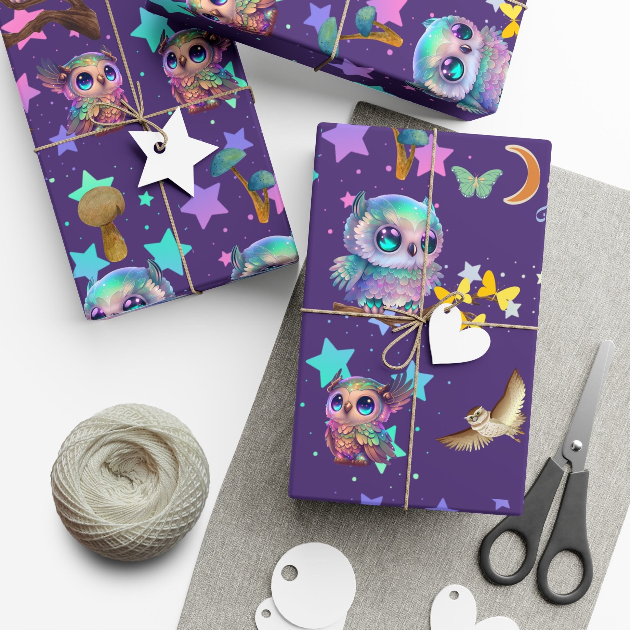 Owl Gift Wrap Paper: Whimsical Moon & Stars Design