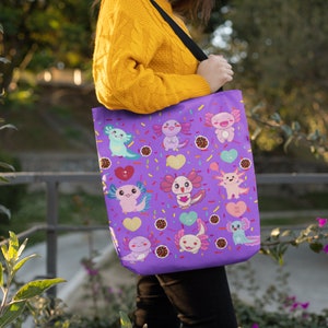 Axolotl Candy Tote Bag (AOP), Geschenk für jeden Anlass, Axolotl Liebhaber Tasche, Schöne süße Axolotl in Tasche.