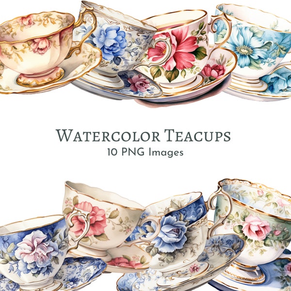 Watercolor Vintage Style Teacups PNG Clipart - DIGITAL DOWNLOAD