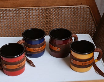 Customize Leather Cup, Personalized Enamel Mug, Coffie Cup, Enamel Mug, Outdoor mug, Camping Mug, Custom Enamel Mug, Leather Gifts, Gifts