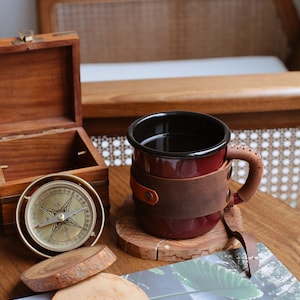 Customize Leather Cup, Personalized Enamel Mug, Coffie Cup, Enamel Mug, Outdoor mug, Camping Mug, Custom Enamel Mug, Leather Gifts, Gifts image 1