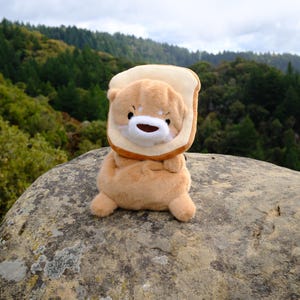 May include: A plush toy shaped like a brown otter wearing a bread costume. The otter is sitting on a large, grey rock with green foliage in the background.