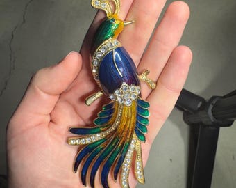 Broche de pavão com strass, broche vintage de pássaro, azul, verde, brilhante, animal, joia, presente