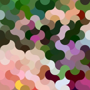 May include: Abstract geometric pattern with a variety of colors, including pink, green, brown, purple, and yellow. The pattern is made up of overlapping circles and ovals.