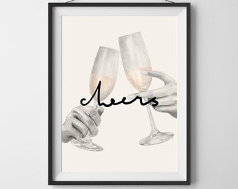 Champagne Cheers Print, Neutral Alcohol Wall Art (Digital Download)