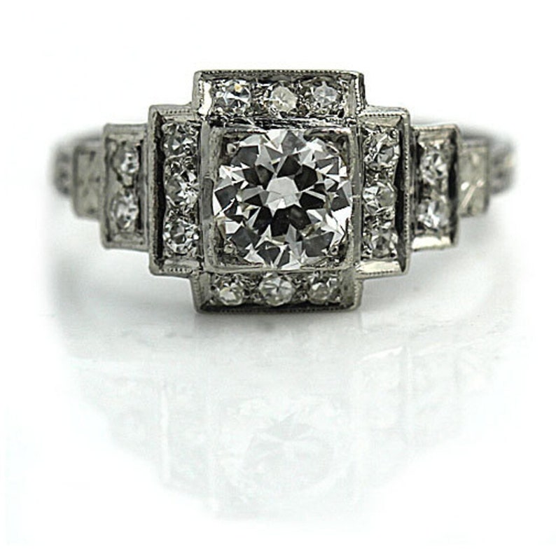Art Deco Platinum Diamond Ring .92ctw Antique Engagement Ring European Cut 1930s Square Ring Vintage Platinum Diamond Ring image 10