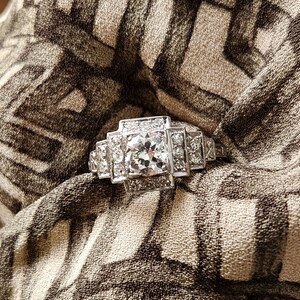Art Deco Platinum Diamond Ring .92ctw Antique Engagement Ring European Cut 1930s Square Ring Vintage Platinum Diamond Ring image 2