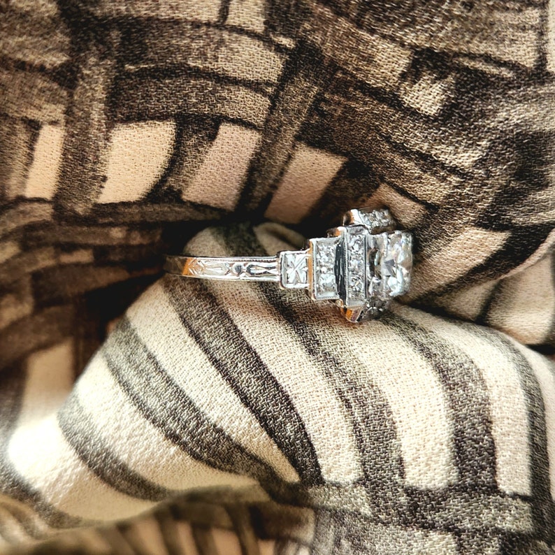 Art Deco Platinum Diamond Ring .92ctw Antique Engagement Ring European Cut 1930s Square Ring Vintage Platinum Diamond Ring image 3