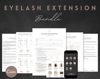 May include: A set of four printable eyelash extension consultation forms. The forms are in a light brown color with black text. The forms include sections for client information, medical history, and lash aftercare instructions. The forms are designed to be used by eyelash extension technicians.