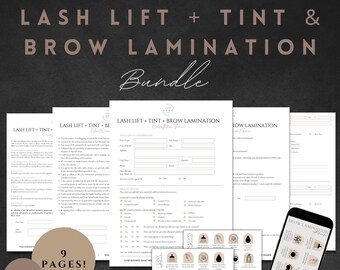 May include: A printable bundle of 9 pages for lash lift and tint and brow lamination services. The bundle includes client intake forms, consent forms, and aftercare instructions. The forms are designed in a minimalist style with black text on a white background.