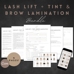 Lamineringsformulier voor wenkbrauwen, formulieren voor wimperlift en tinting, bewerkbare toestemming van de klant, formulieren voor schoonheidsspecialiste, technisch advies voor wenkbrauwwimpers, nazorgkaarten