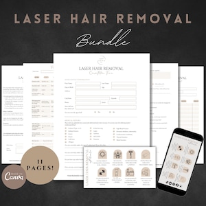 Formulaires de consentement à l’épilation au laser, consentement éclairé à la réduction des poils au laser, échelle de Fitzpatrick, suivi au laser, modèle d’esthéticienne, formulaires de spa