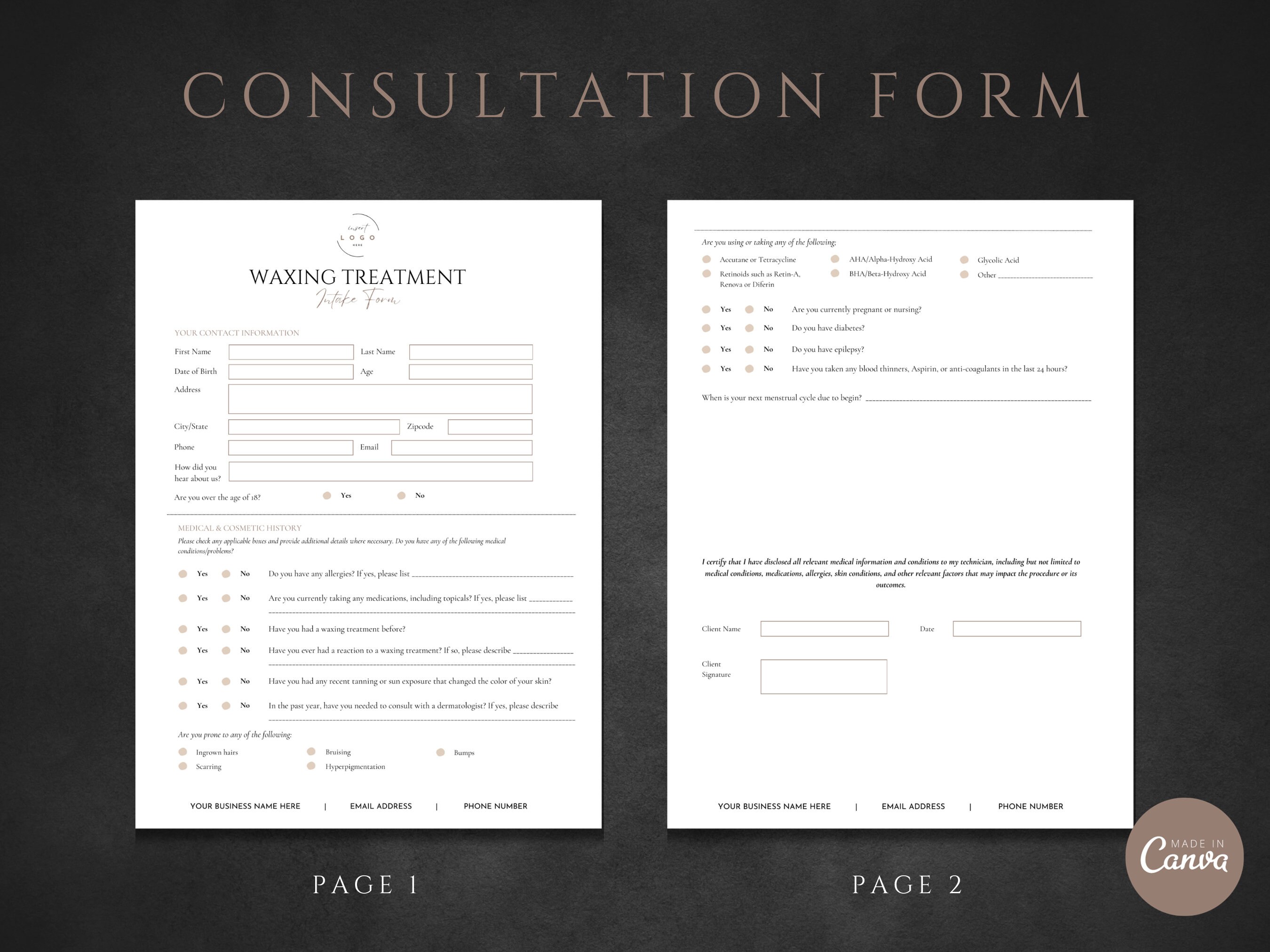 Waxing Consent Forms, Waxing Treatment Form, Client Intake Form, Waxing ...