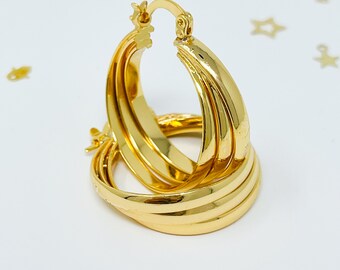 Gold hoops, 18k Goldfilled hoops, triple hoop earrings, handmade earrings, chunky hoops, hypoallergenic earrings, thick hoop earring,