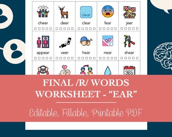 Final /R/ Words “EAR” Sound Worksheet for Speech Therapy (Editable, Fillable, Printable PDF)