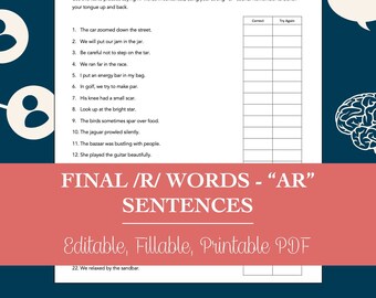Final /R/ Words “AR” Sentences Worksheet for Speech Therapy (Editable, Fillable, Printable PDF)
