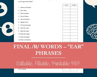 &quot;Final / R / &quot;&quot;EAR&quot;&quot; -Sätze Arbeitsblatt für die Sprachtherapie (editierbar, ausfüllbar, druckbares PDF)&quot;