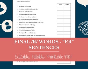 Arbeitsblatt für abschließende /R/-Wörter „ER“-Sätze für die Logopädie (bearbeitbares, ausfüllbares, druckbares PDF)