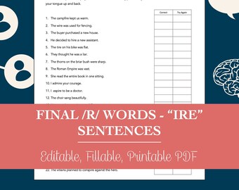 Final /R/ Words “IRE” Sentences Worksheet for Speech Therapy (Editable, Fillable, Printable PDF)
