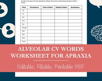 Alveolar CV Words Worksheet for Apraxia for Speech Therapy (Editable, Fillable, Printable PDF)