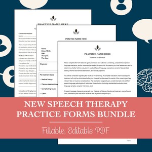 May include: A bundle of printable speech therapy forms for new clients. The forms are titled "New Speech Therapy Practice Forms Bundle" and are described as "fillable, editable PDF".