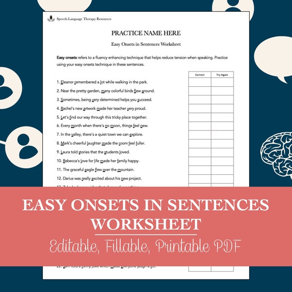 Easy Onsets in Sentences Worksheet for Speech Therapy (Editable, Fillable, Printable PDF)