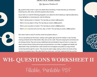 WH- Hoja de trabajo de preguntas para la comprensión lectora para logopedia (PDF editable, rellenable e imprimible)
