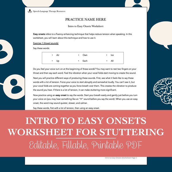 Intro to Easy Onsets Worksheet for Stuttering for Speech Therapy (Editable, Fillable, Printable PDF)