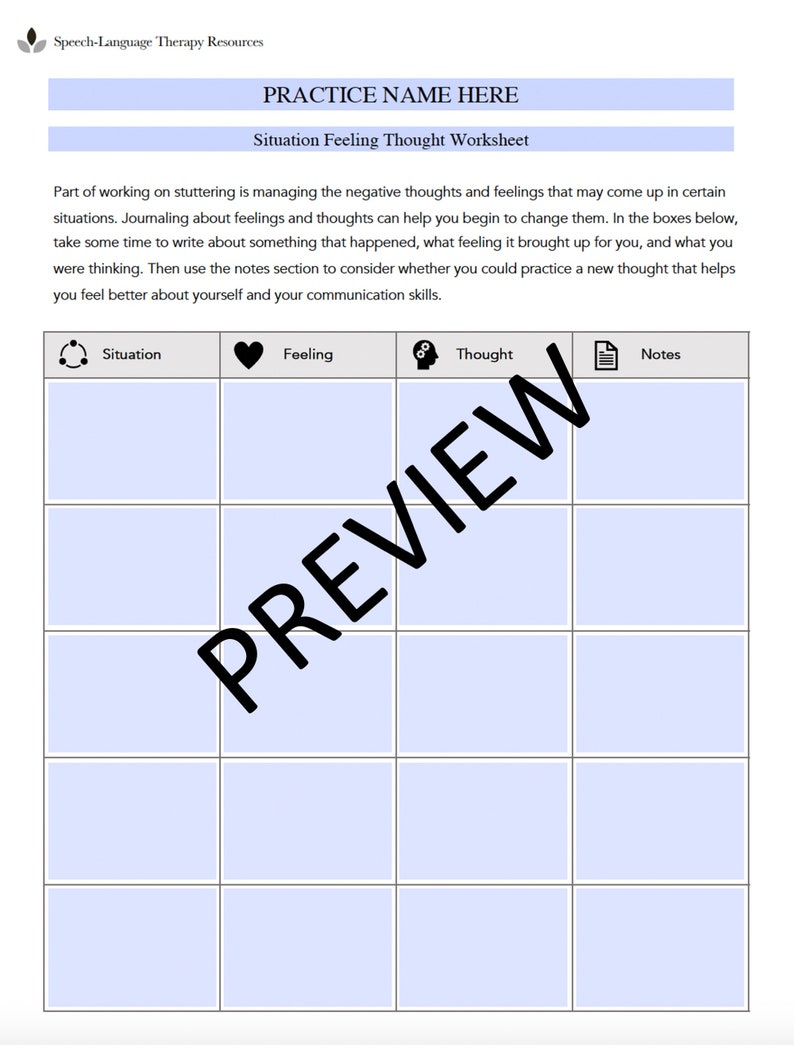 Situation Feeling Thought Worksheet for Speech Therapy (editable ...