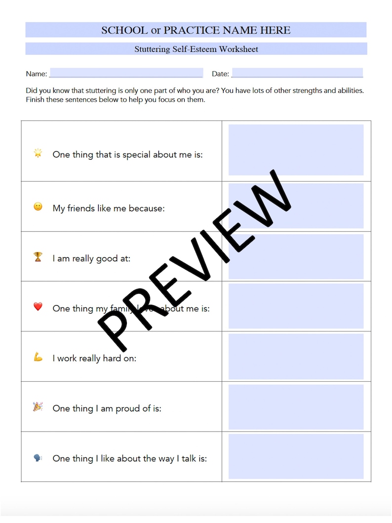 Stuttering Self-esteem Worksheet for Speech Therapy (editable, Fillable ...