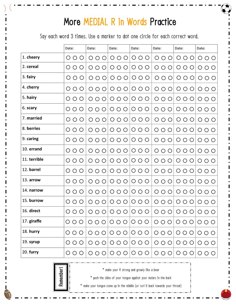 Medial R Worksheet R Sound Articulation Progress Worksheets Bundle for Speech Therapy ...