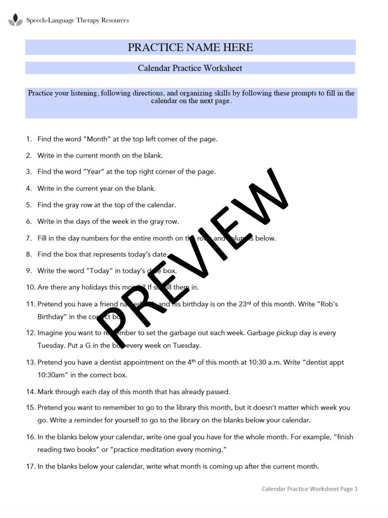 Calendar Practice Worksheet for Speech Therapy (editable, Fillable ...
