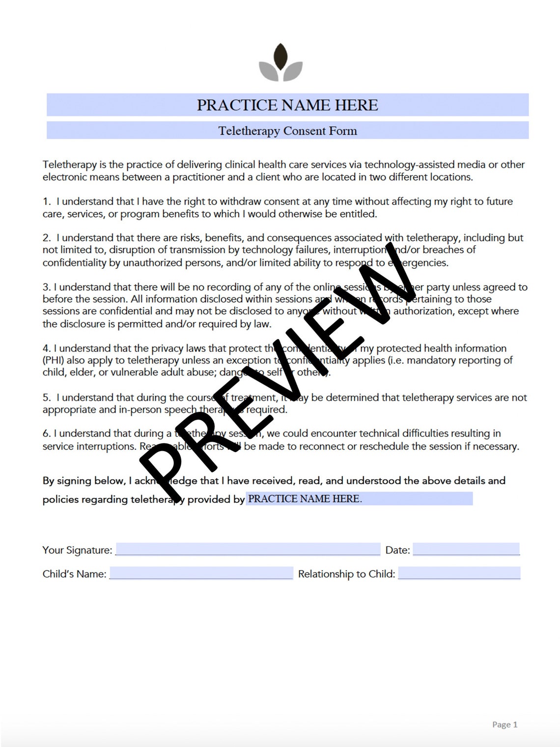 Teletherapy Consent Form for Speech Therapy (editable, Fillable ...