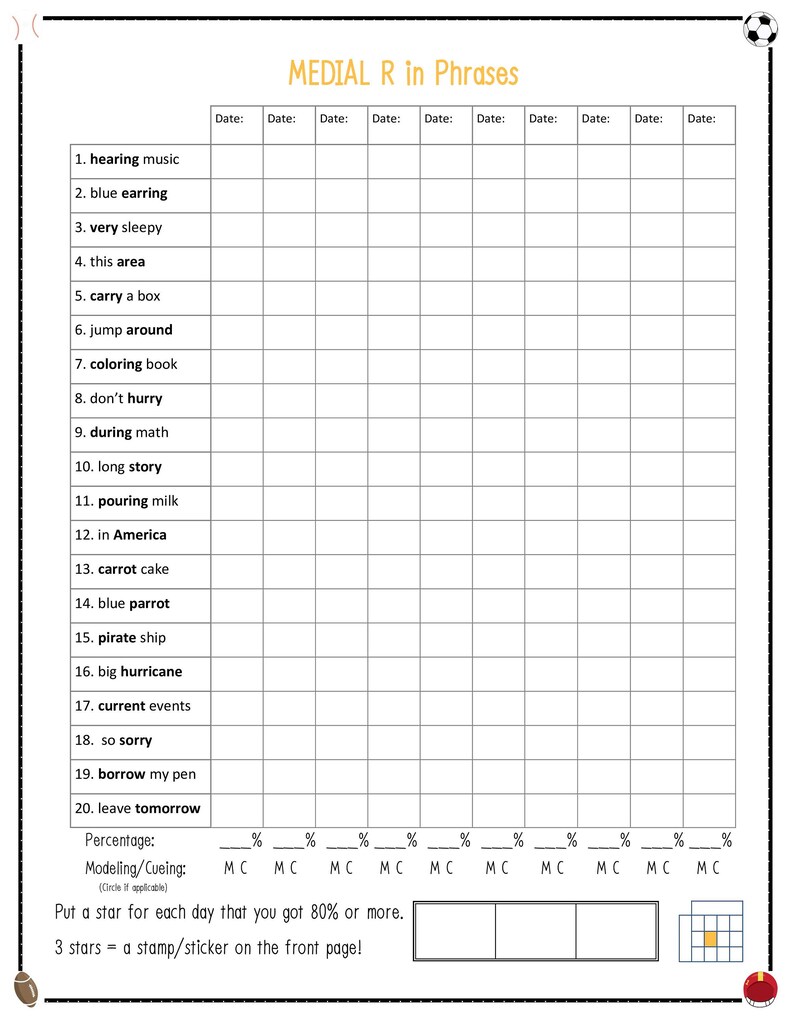 Medial R Activity R Sound Articulation Progress Worksheets Bundle for Speech Therapy ...