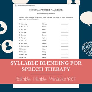 Peut inclure: Une feuille de travail imprimable pour la thérapie de la parole. La feuille de travail a un fond bleu avec un graphique de cerveau dans le coin supérieur droit. La feuille de travail est intitulée "Syllable Blending Worksheet" et contient une liste de mots avec des syllabes à mélanger. Les mots sont : singe, banane, papier, police, dîner, pomme, docteur, ballon, papillon, chaton, heureux, couverture et carotte.
