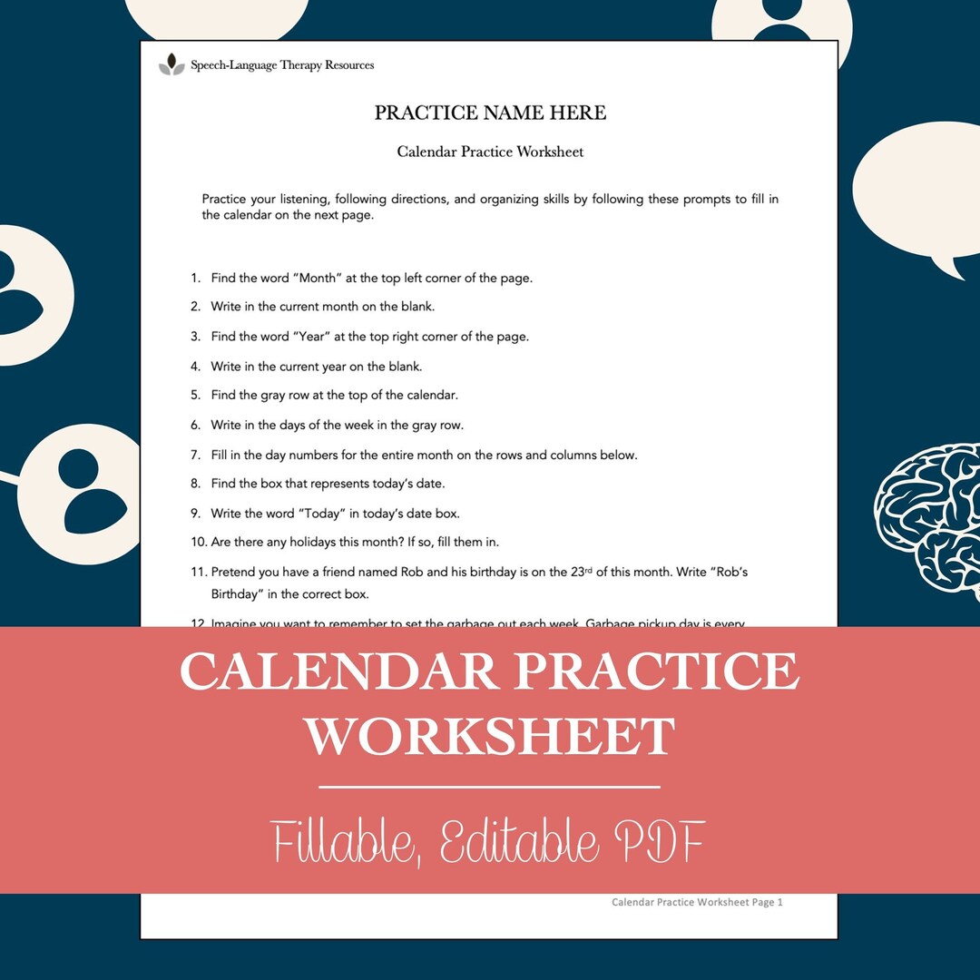 Calendar Practice Worksheet for Speech Therapy (editable, Fillable