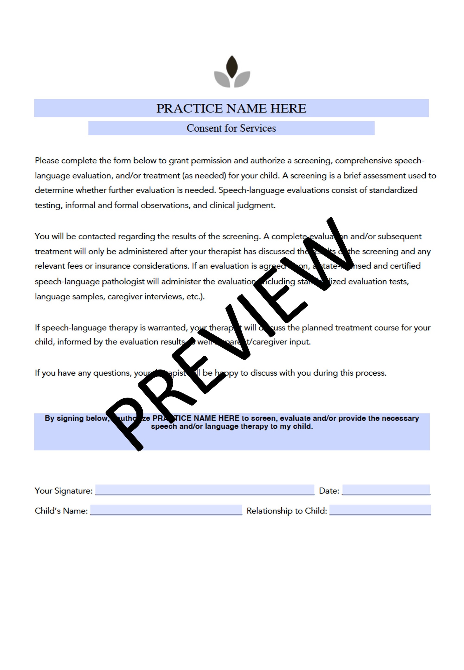 Consent for Services Form for Speech Therapy (editable, Fillable ...