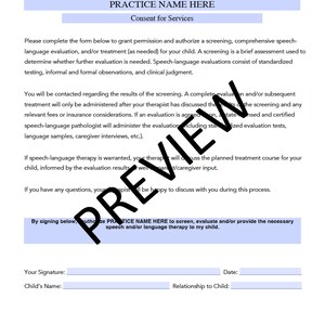 Consent for Services Form for Speech Therapy (editable, Fillable ...