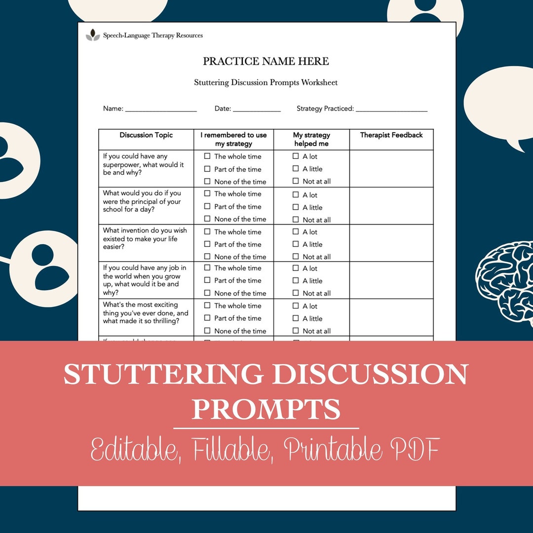 Stuttering Discussion Prompts Worksheet for Speech Therapy editable ...