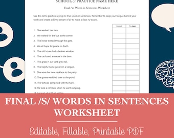 Final /S/ Words in Sentences Worksheet for Speech Therapy (Editable, Fillable, Printable PDF)