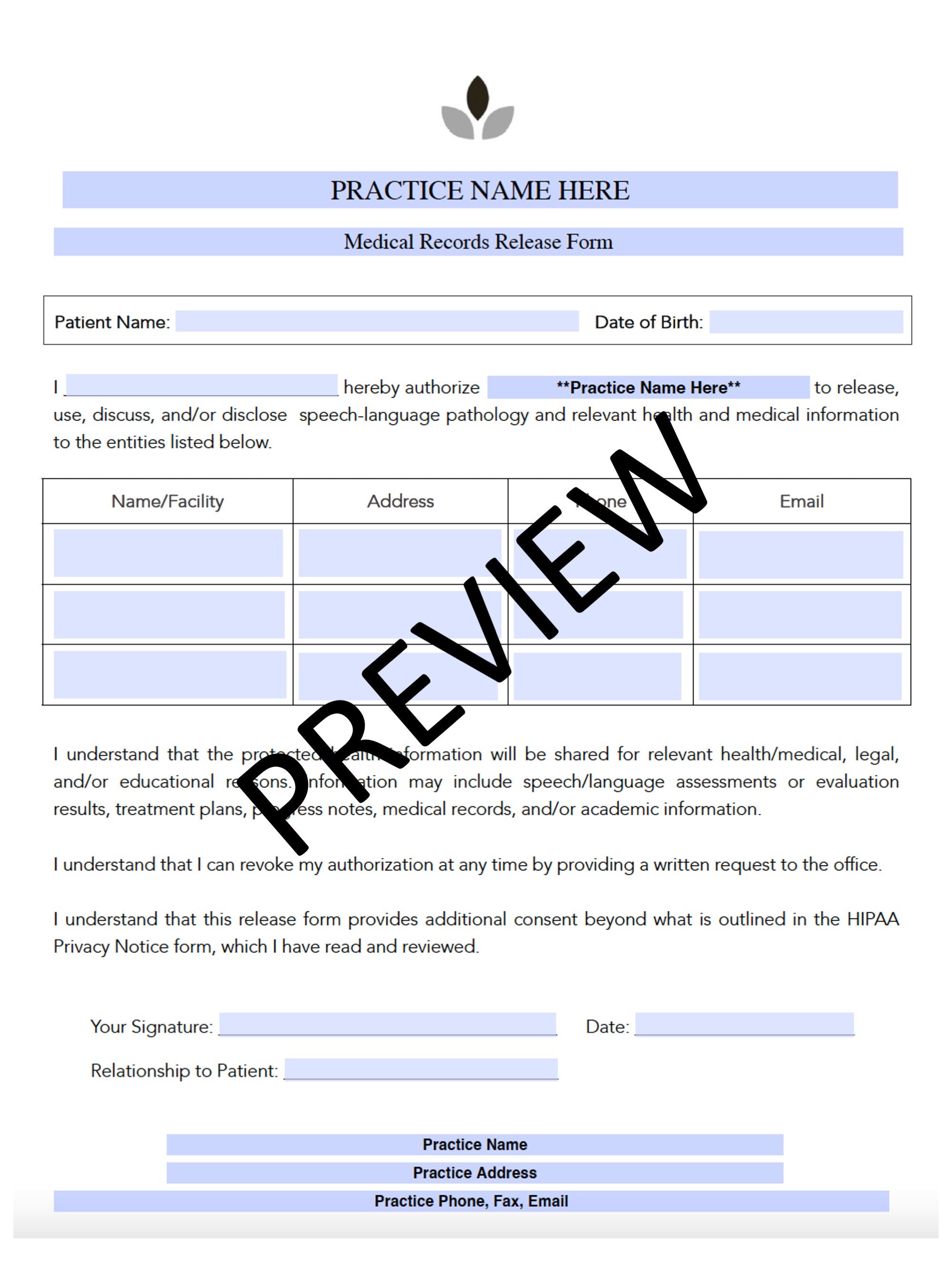 Medical Records Release Form for Speech Therapy (editable, Fillable, Printable PDF) - Etsy for Free Printable Medical Records Release Form