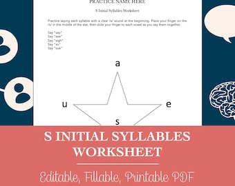 S Initial Syllables Worksheet for Speech Therapy (Editable, Fillable, Printable PDF)