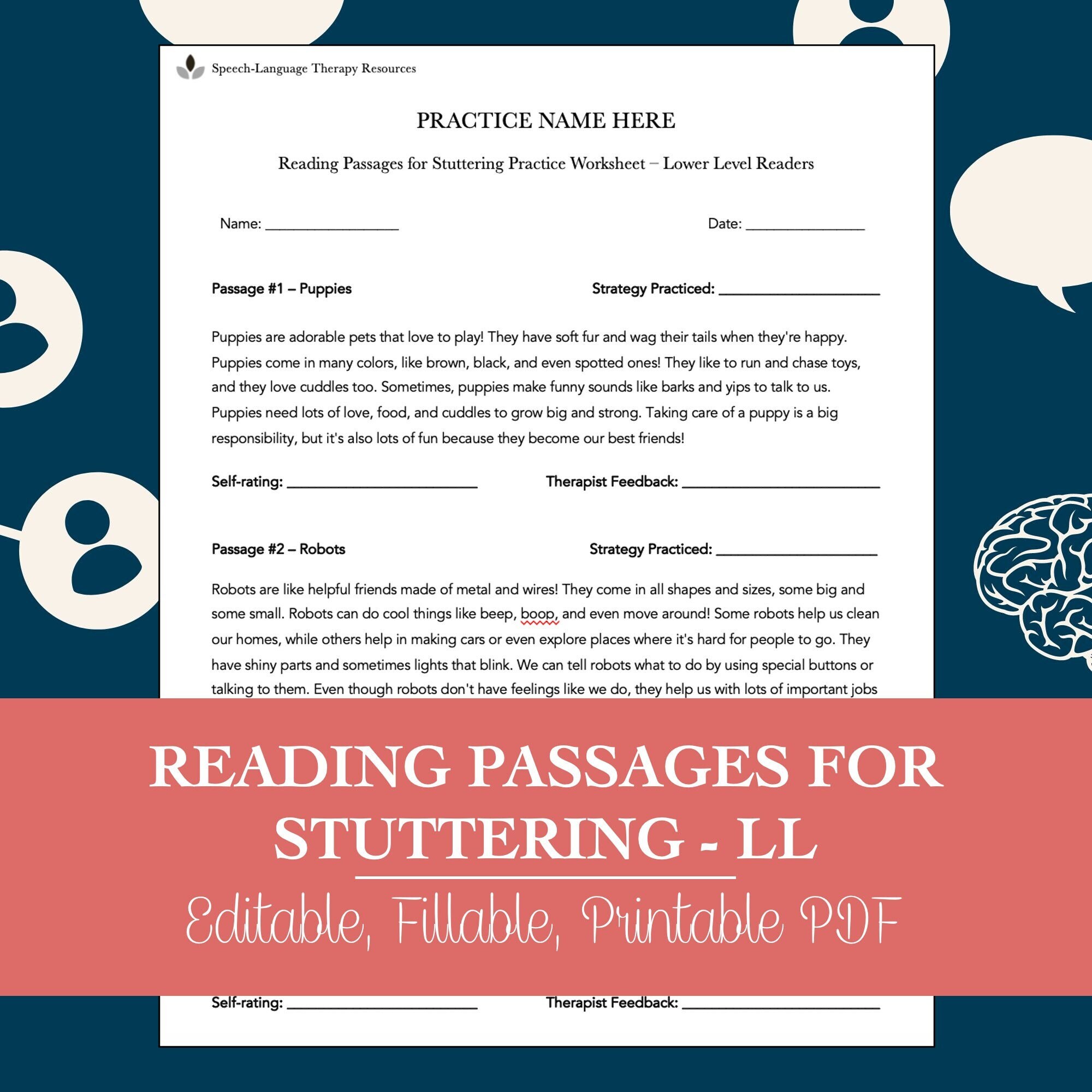 Reading Passages Worksheet for Stuttering Practice (lower Level) for ...