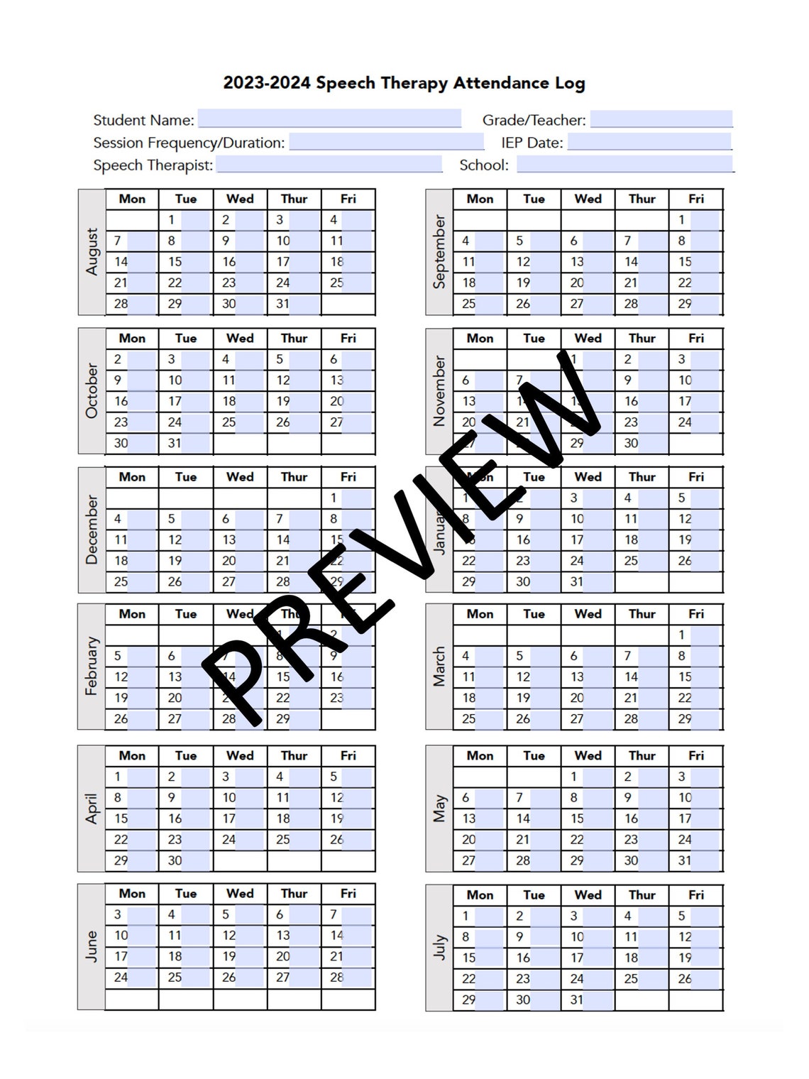 Speech Therapy Attendance Log 20232024 School Year Worksheet for