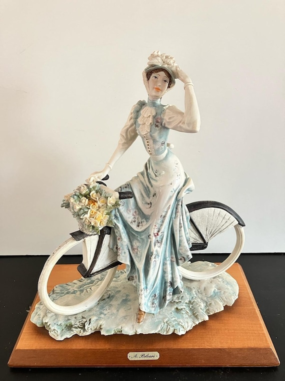 Vintage A. Belcari Figurine: Lady on Bicycle, Italian Resin