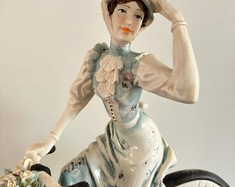Vintage A. Belcari Figurine: Lady on Bicycle, Italian Resin