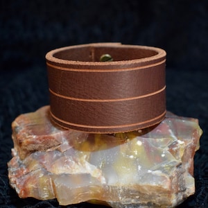 Hand Carved Brown Leather Cuff - Skinny Stripe