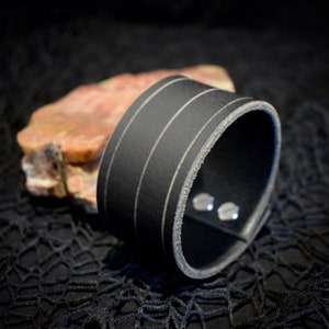 Large Hand Carved Black Leather Cuff - Skinny Stripe